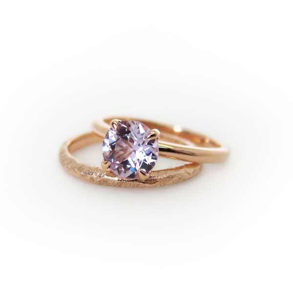 Pink sapphire rose gold engagement and wedding rings