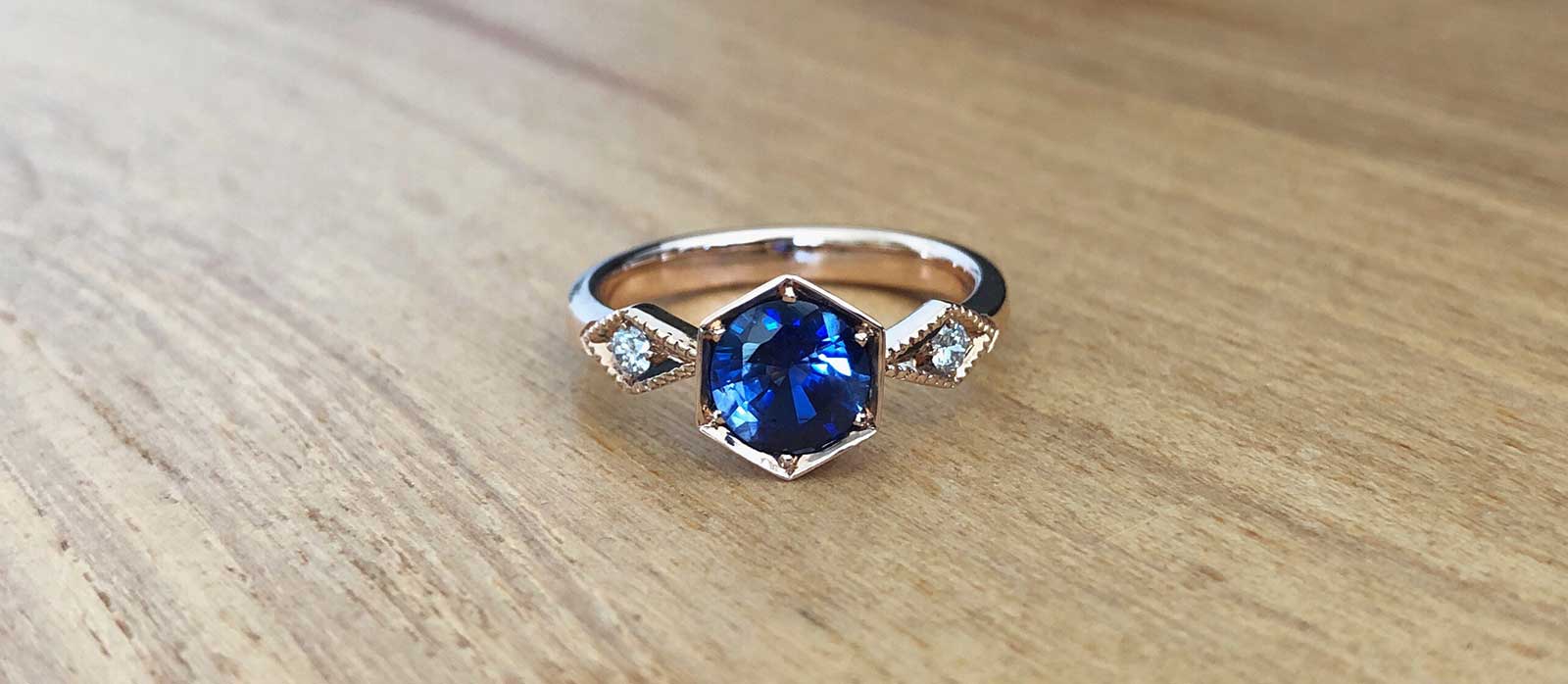 Sapphire, diamond and rose gold custom engagement rings, Sydney
