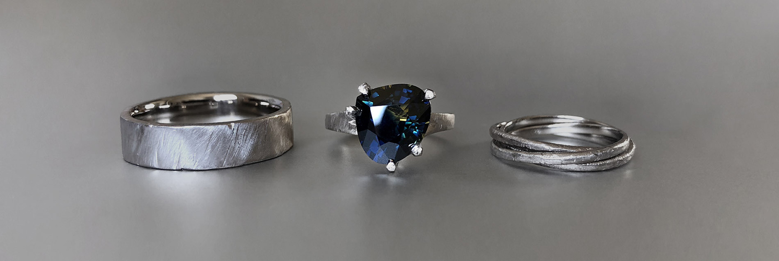 Australian parti sapphire alternative engagement ring and wedding bands