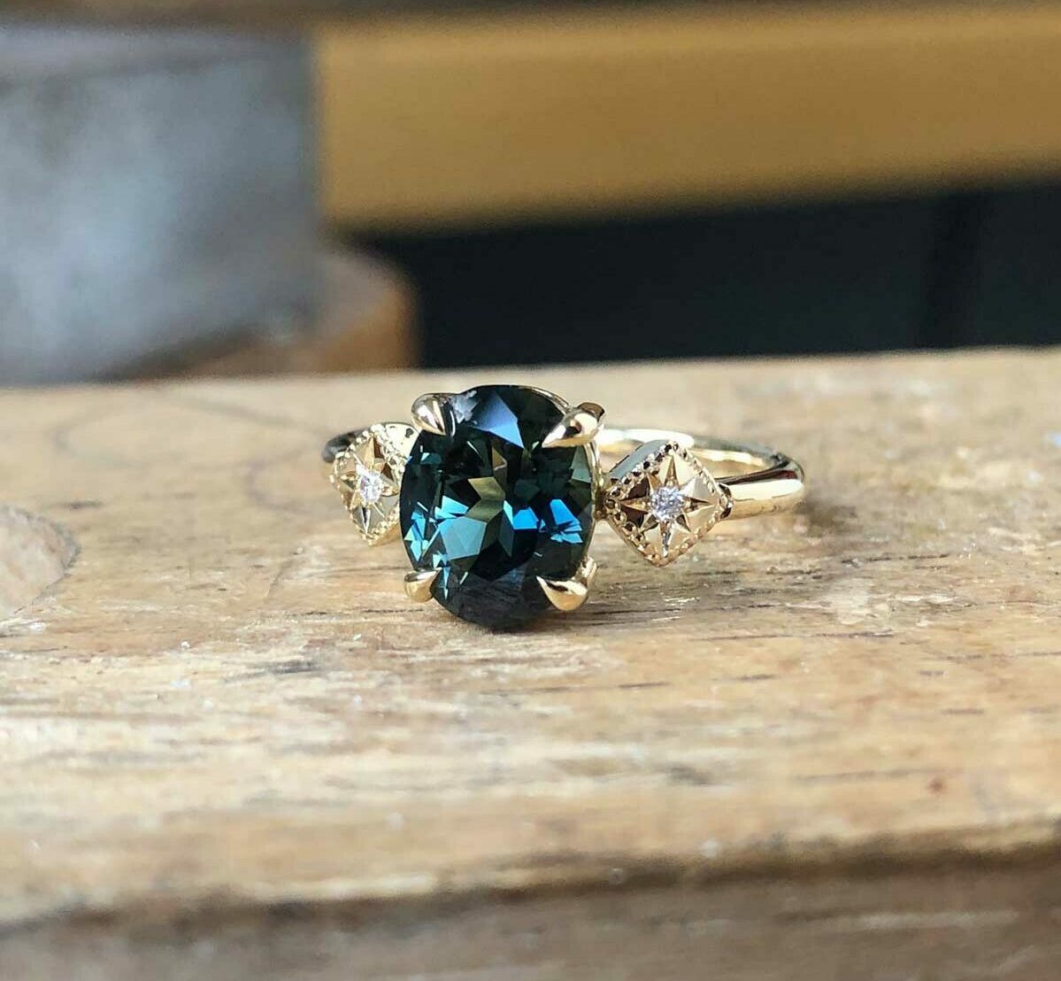 Australian sapphire lab created diamond star set ring