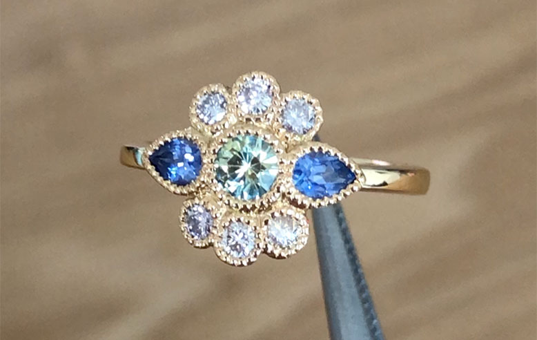 Ceylon sapphire and Australian sapphire recycled gold ring with diamonds