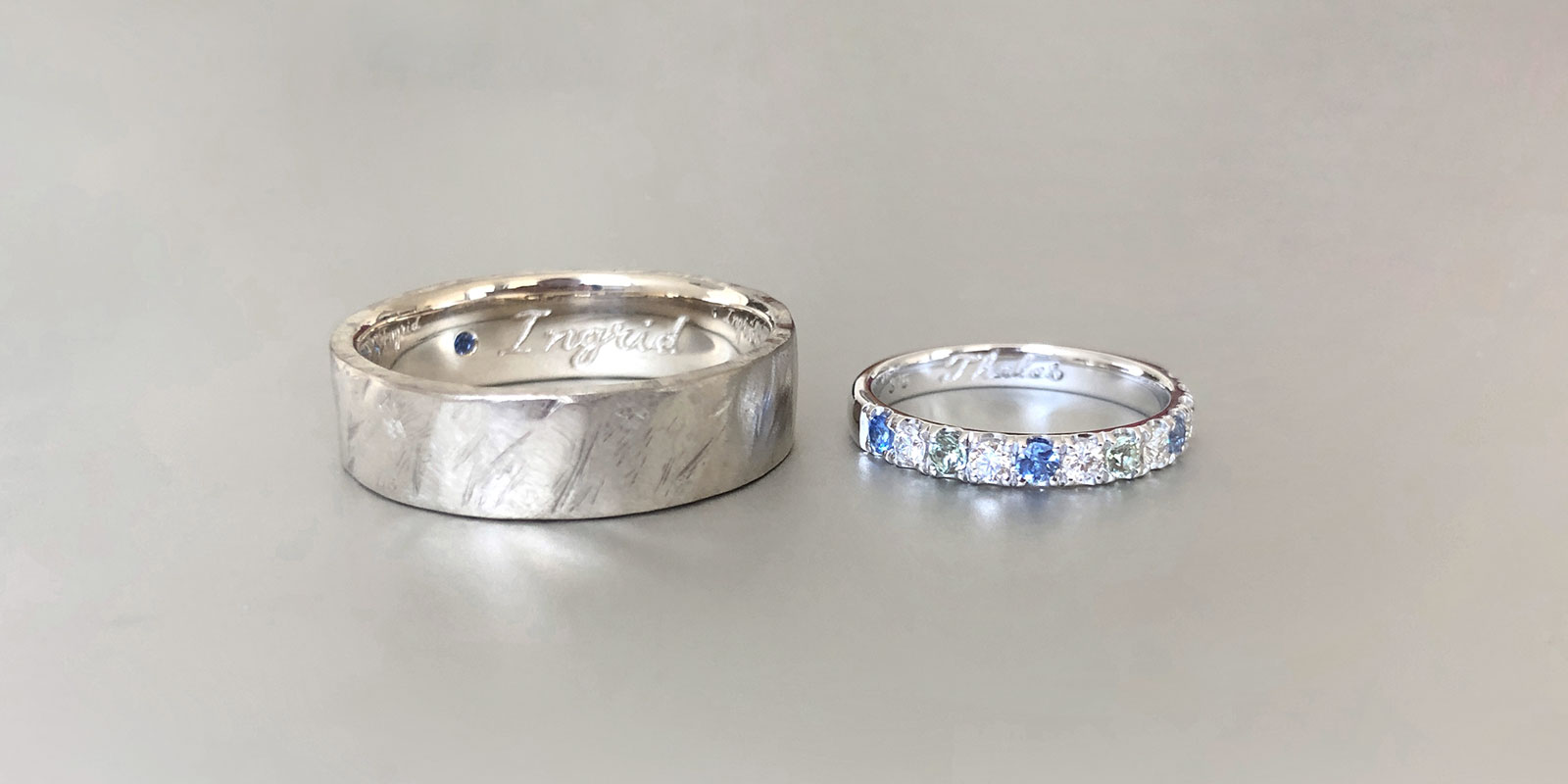 White gold, sapphire and diamond wedding rings
