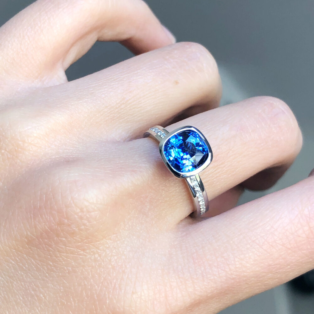Platinum, Ceylon sapphire and diamond engagement ring