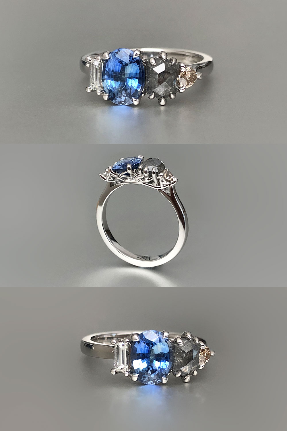 Platinum, Ceylon sapphire, salt and pepper diamond, white diamond and champagne diamond ring