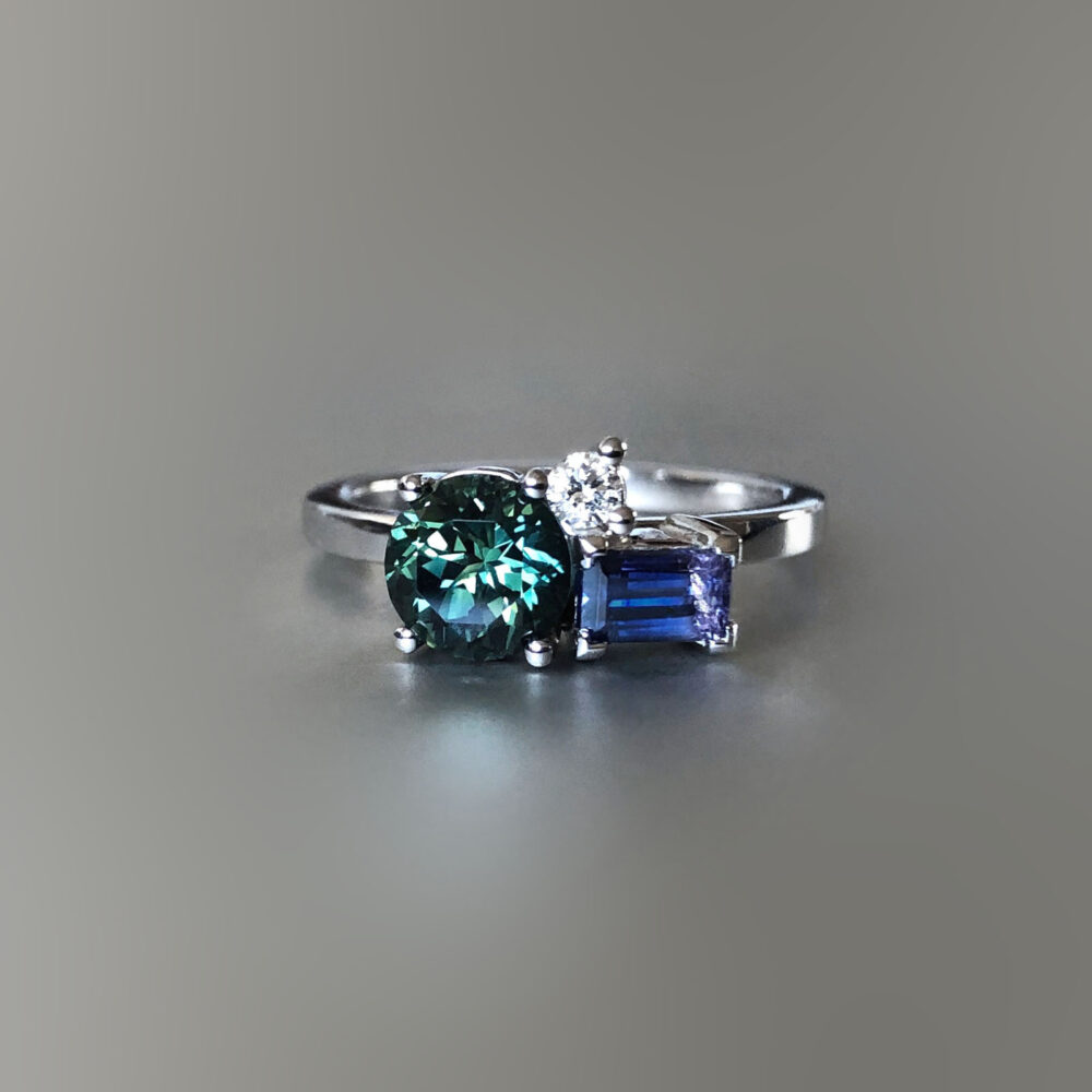 Platinum, Australian sapphire, Tanzanian sapphire and diamond ring