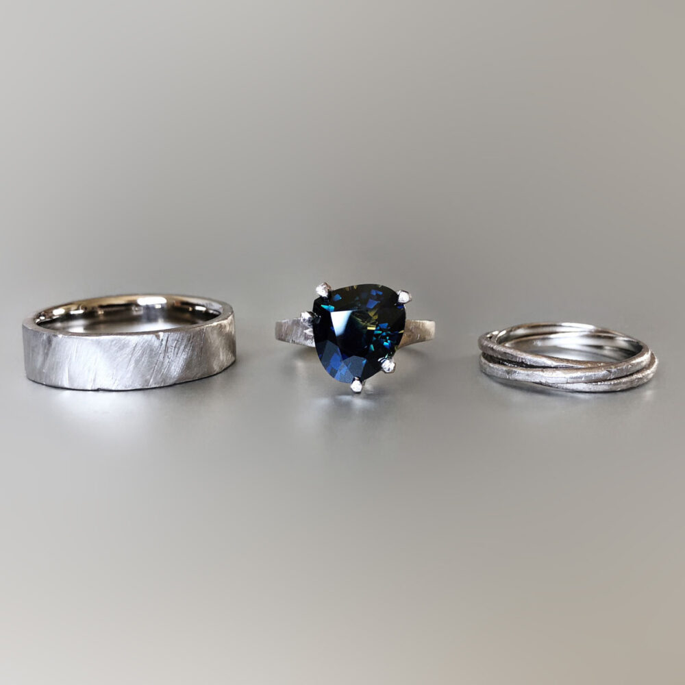White gold Australian parti sapphire engagement and wedding ring set
