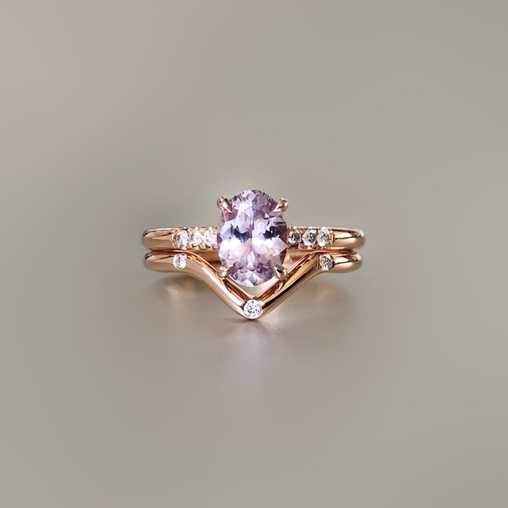 Pink sapphire and diamond engagement and wedding ring set