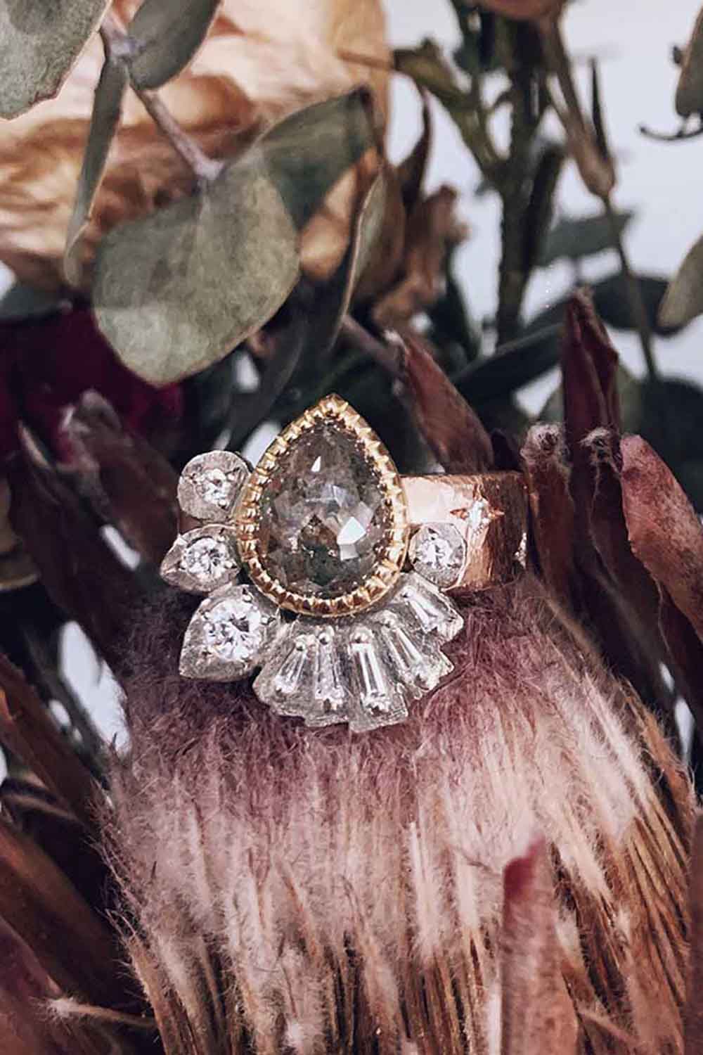 Rose gold, white gold, yellow gold, salt and pepper diamond ring with heirloom diamonds (and a hidden emerald)