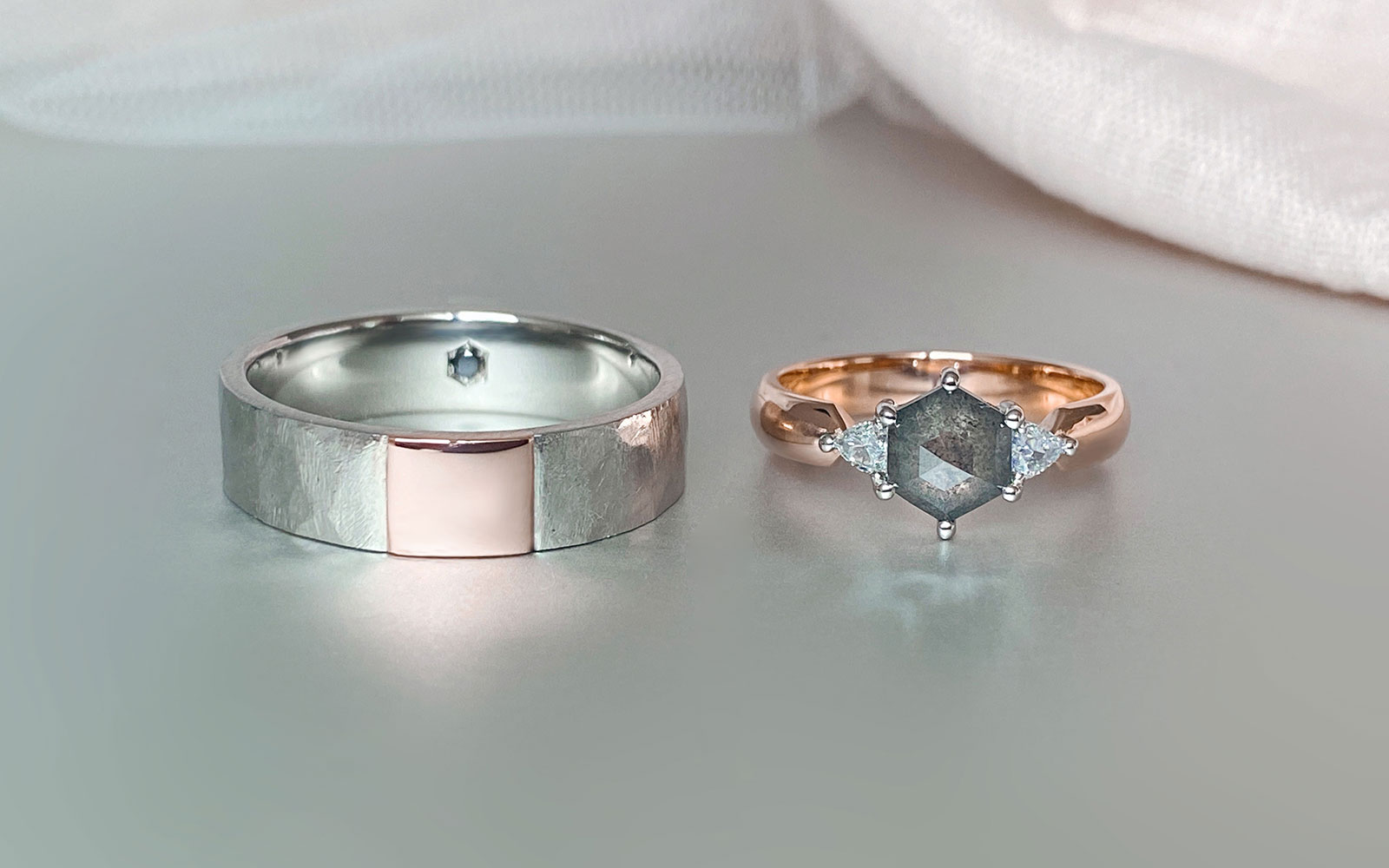 Hexagon salt and pepper diamond engagement and wedding rings