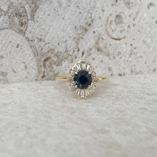 Alternative sapphire halo engagement ring