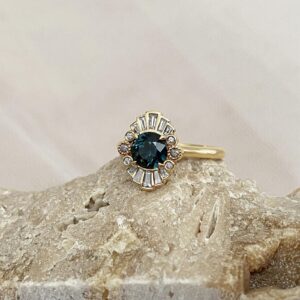 Baguette diamond and Australian sapphire engagement ring